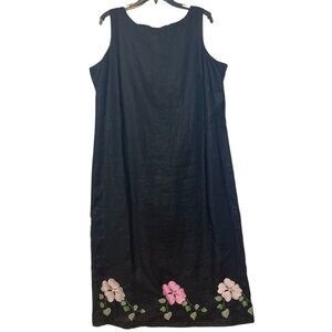 Lino USA 100% Linen Black Floral Embroidered Sleeveless Sheath Midi Dress